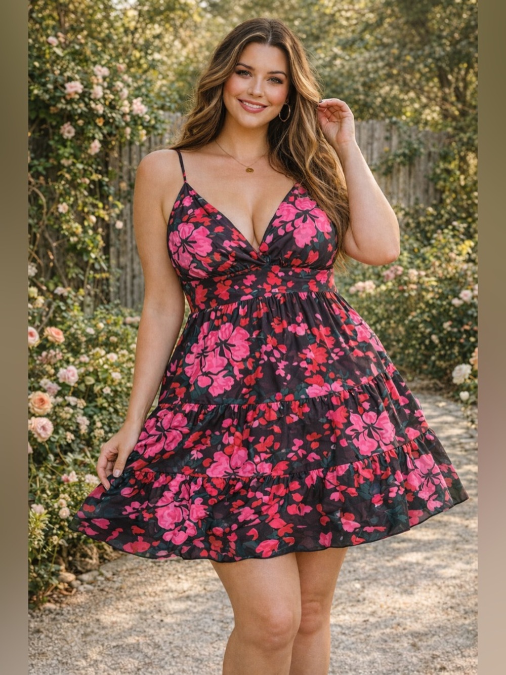 Plus Size Vibrant Floral Midi Summer Babydoll Sun Dress
